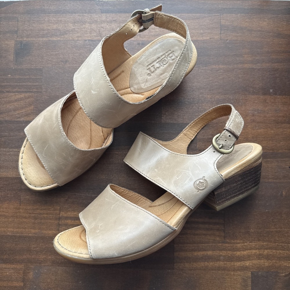 Børn Block Heels Leather Women's 9 Medium Tan Slingback Peep-toe Sandals
